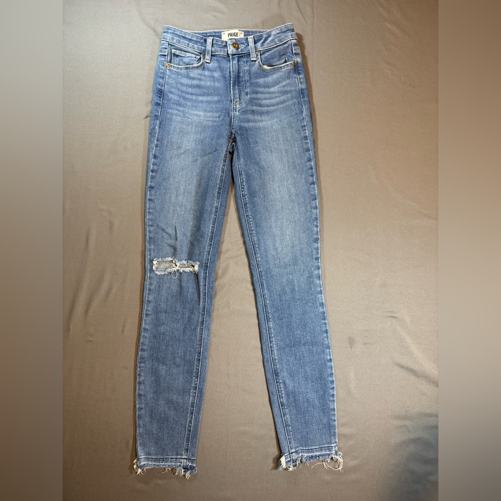 PAIGE Light Blue Distressed Skinny Jeans Raw Hem Size 24 High Rise Skinny